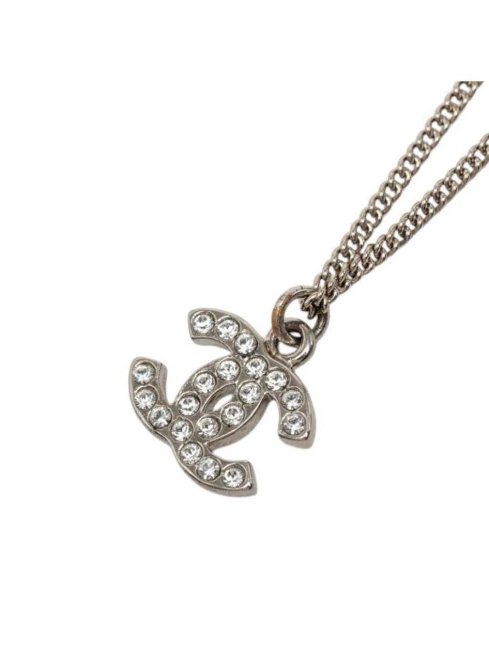 Chanel CC Logo Chain Pendant Stamp Silver Metal Rhinestone